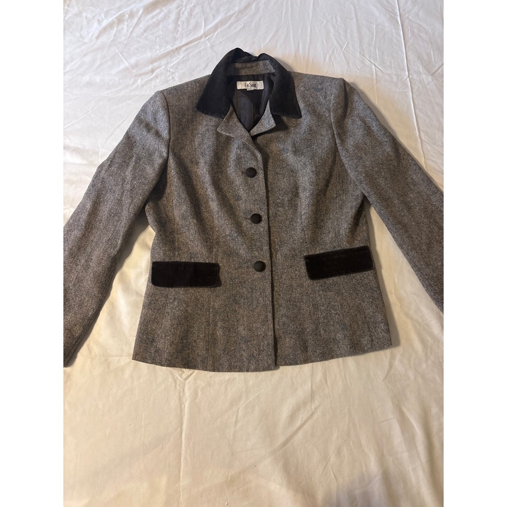 Le Suit Blazer Womens Size 12 Grey Velvet‎ Trim Tweed Professional Jacket